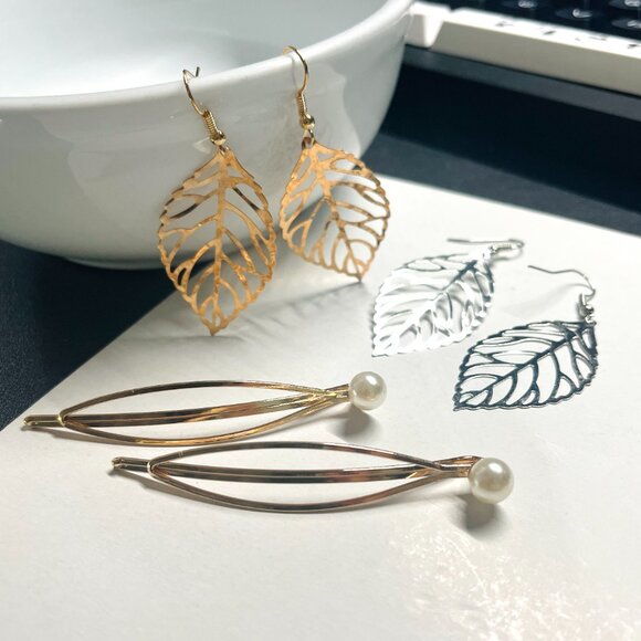 Jewelry - NEW Pairs of Leaves Earrings & Pearl Metal Hair Clips (set of 4 items)